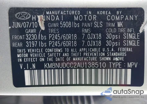 2010 Hyundai Veracruz Limited from USA, damaged, VIN KM8NUDCC2AU138510